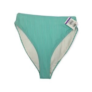 Chelsea28 High Rise High Cut Bikini Bottom Teal Blue Green Stripe Medium NWT